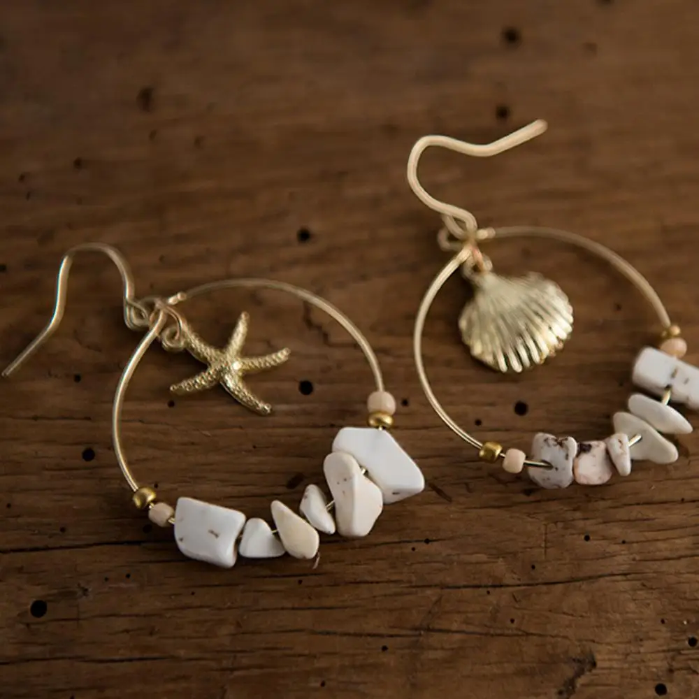 Летние Винтажные висячие серьги из золотого сплава с морскими ракушками и