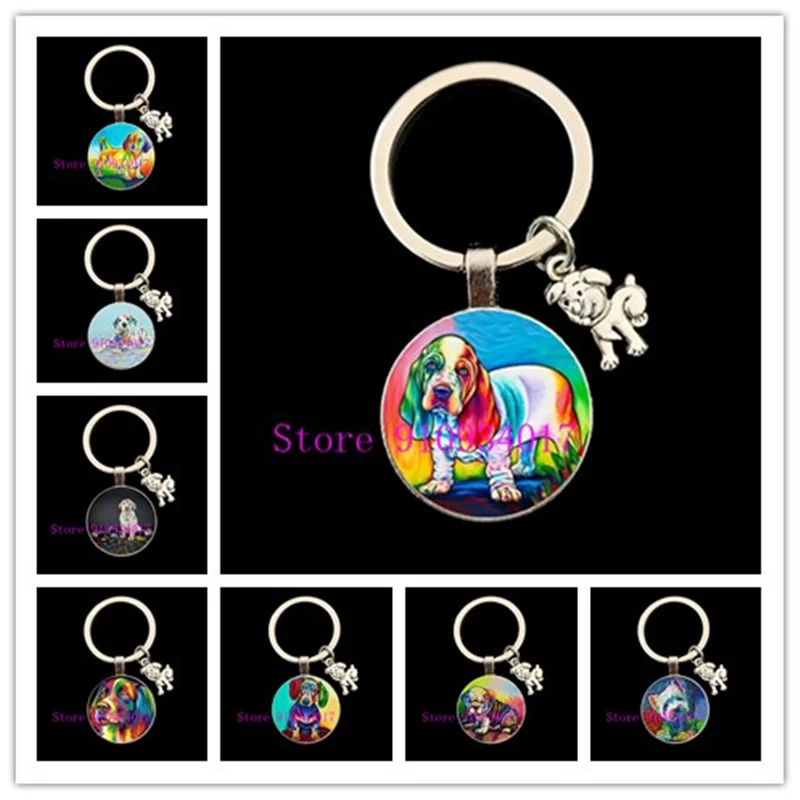 Новый мультяшный красочный круглый стеклянный брелок для ключей с собакой милый