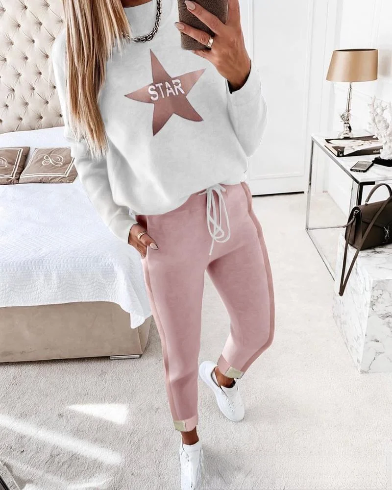 

2021 new women's pink star print leisure pants suit fashion long sleeve top drawstring trouser 2 piece sets