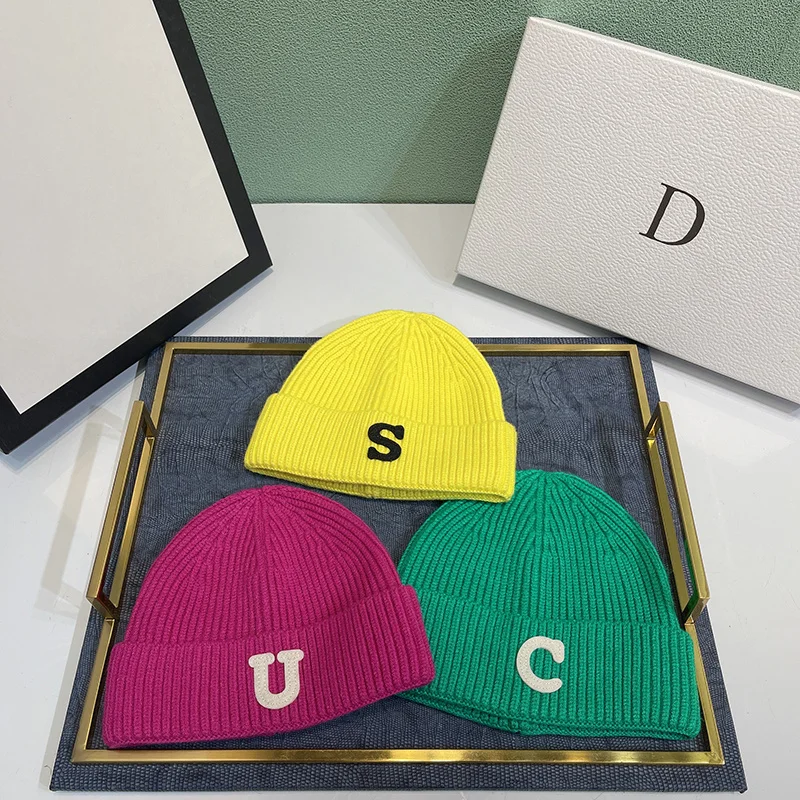 

Unisex Beanie Hat Ribbed Cuffed Winter Warm Knitted Hat Candy Color Letter Embroidery Skull Caps Woman