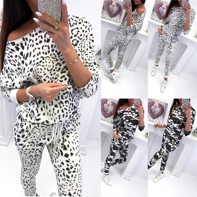 

Women Two Piece Set Fashion Tracksuit Autumn Leopard O-Neck Long Sleeve Top One Shoulder T Shirts+Long Pants Casual Clothes S-XL