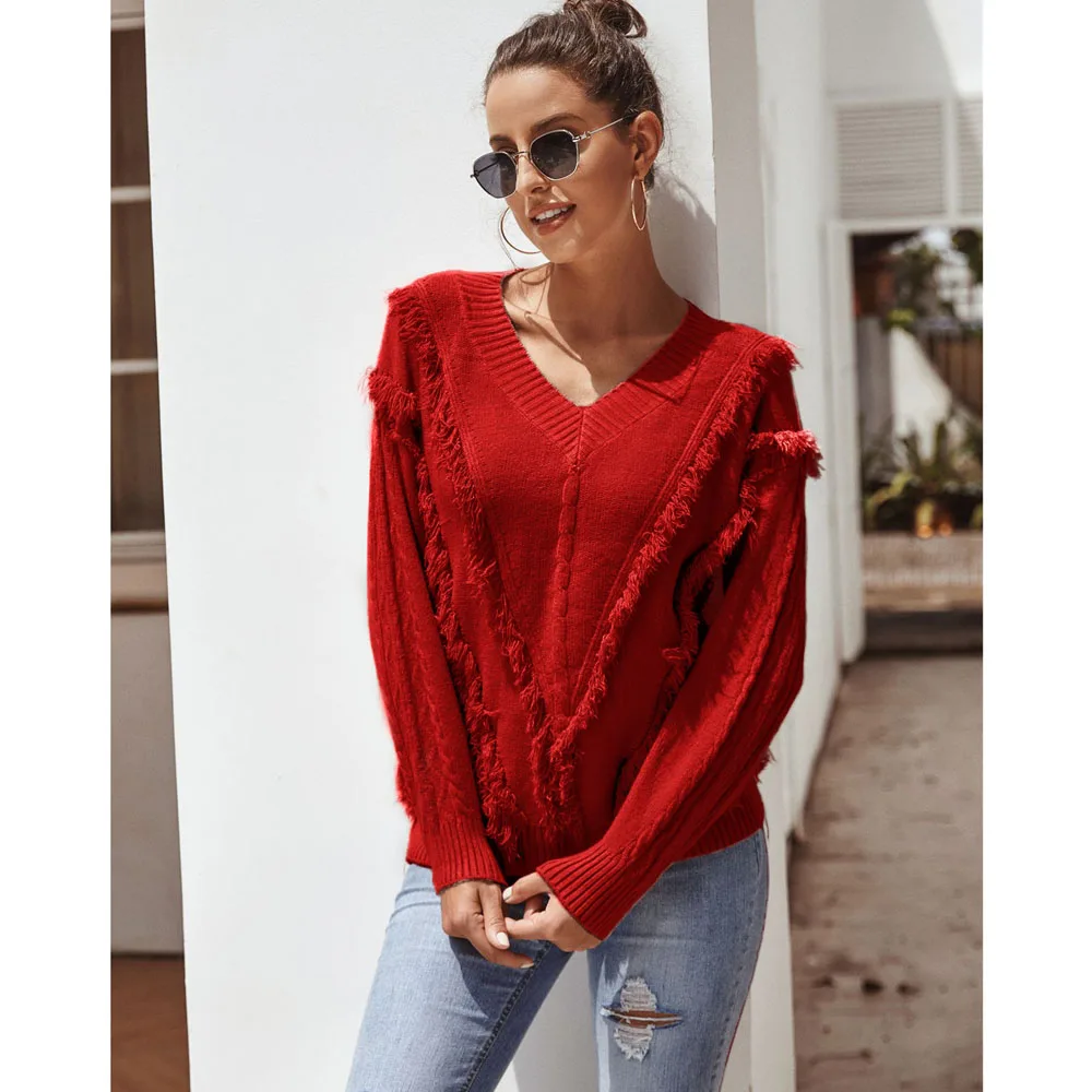 New Women Fringed Tassel Knitted Twist Pattern Sweater Long Sleeve Vintage 2019 Winter Jumper Casual Pullover V Neck | Женская одежда
