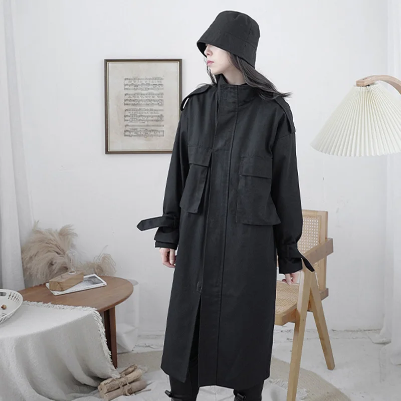 

[EAM] Loose Fit Black Big Size Packet Long Jacket New Lapel Long Sleeve Women Coat Fashion Tide Spring Autumn 2021 1DD0586