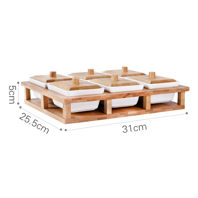 

Wooden fruit tray candy tray ceramic 6 grid snacks dried fruit dessert saucer food tray household kitchen tableware