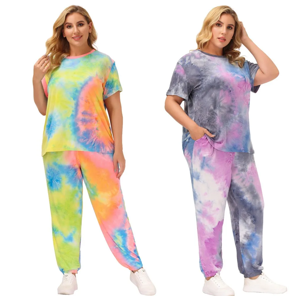 

Summer Women Plus Size Tie-Dyed Pajamas Set Short Sleeve Soft & Comfortable Crew Neck Tops+Pants Sleepwe