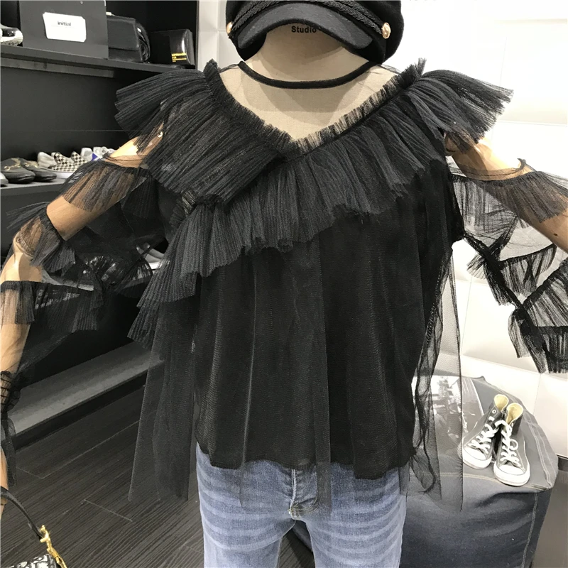 ALPHALMODA с длинным рукавом перспектива сексуальные женские осенние блузки с v-образным воротником гофрированные рукава Дамская мода шифоновый наряд рубашка