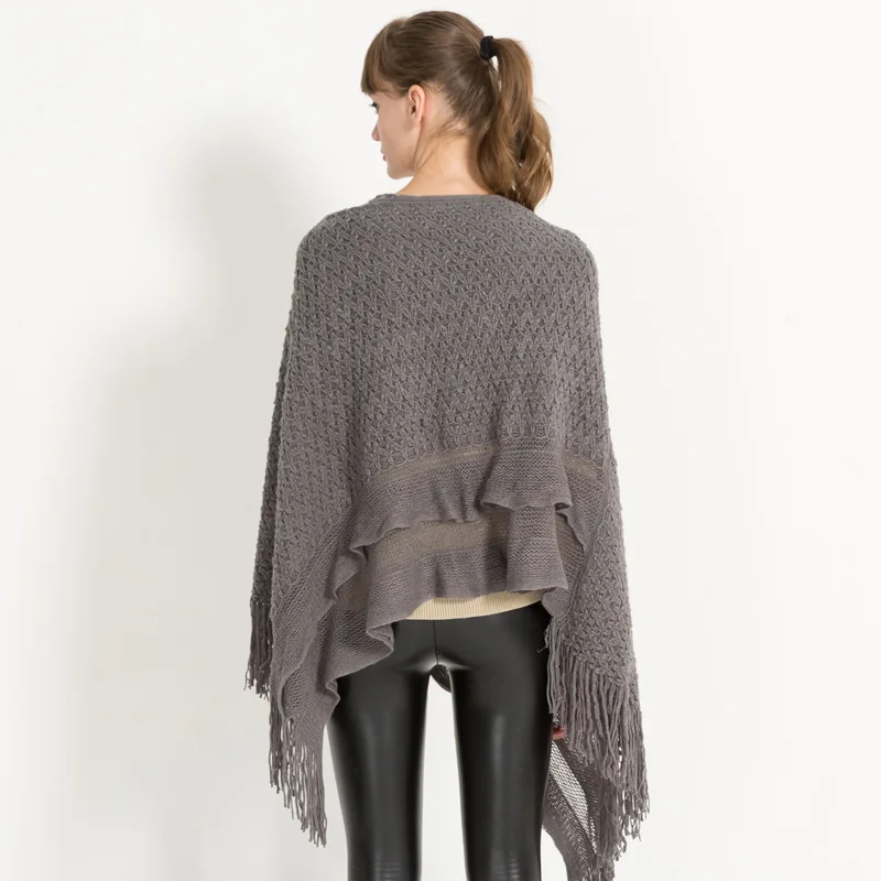 Модные женские вязаные платки и пончо высокого качества из акрила с бахромой, плащи-накидки осень-зима, вязаные шаль-пуловеры.