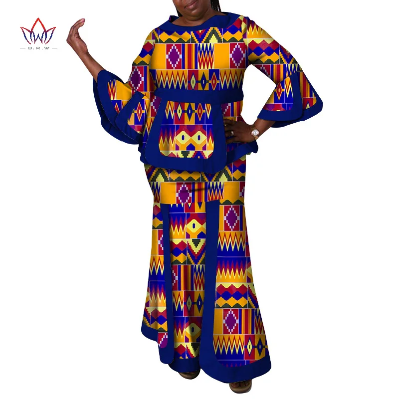 2021 New Autumn African Women Two-pieces Set Long Ruffle Sleeves + Mermaid Ankle Length Skirt 2 Pieces African Style WY2718