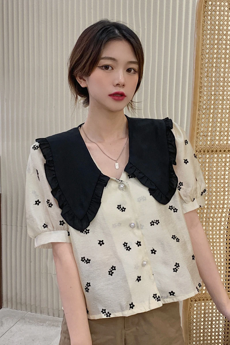 

Sweet Doll Collar Short Sleeve Shirt Women 2021 Summer Vintage Elegant Blouse New French Gentle Top Straight All-match Blusas