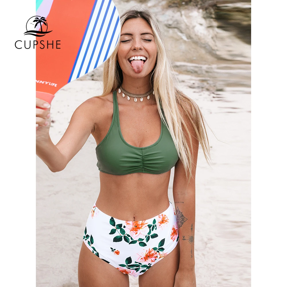 Женский купальник бикини CUPSHE зеленый с высокой талией и цветочным принтом на