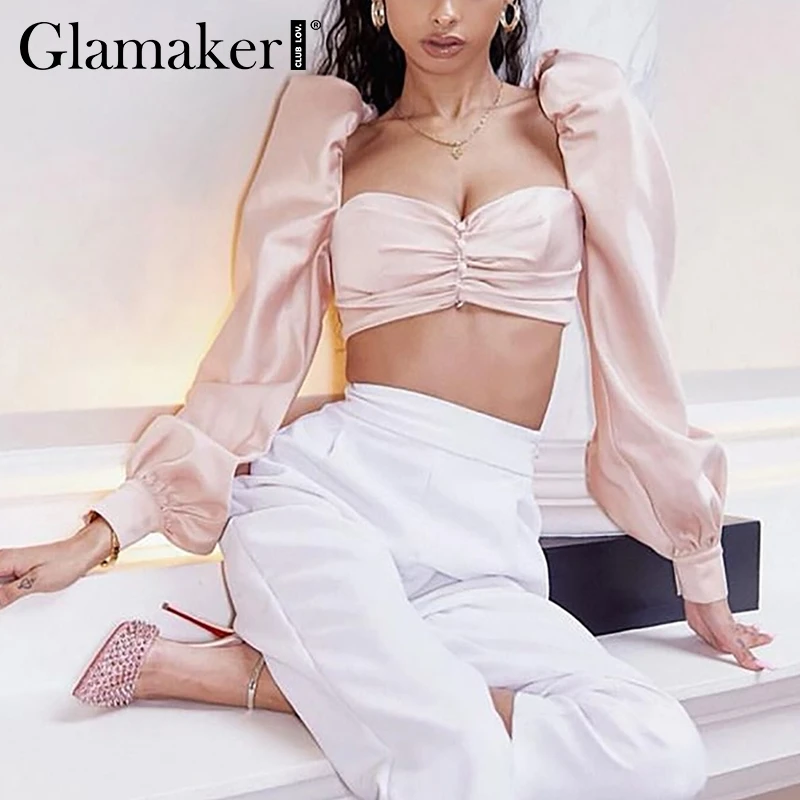 Женская блузка с рукавом-фонариком Glamaker летняя на кнопках коротким рукавом |