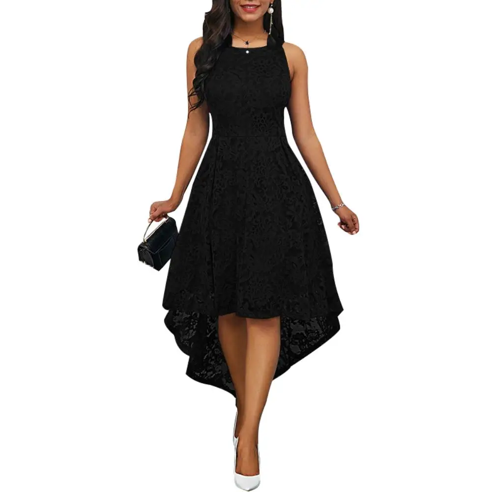 

Casual Dress Women Summer Vintage Solid Color Lace High Low Sleeveless Long Dress Party Round Neck Slim Dresses Female Plus Size