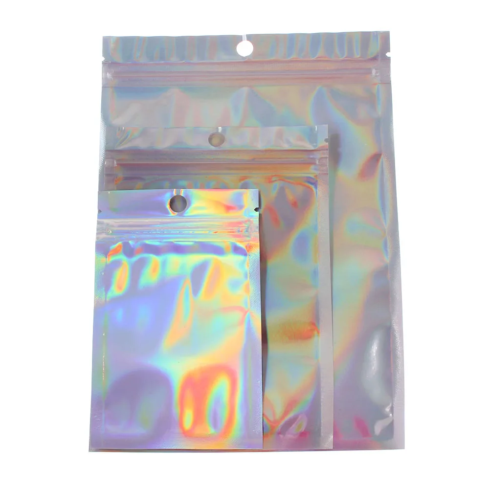 

100pcs/set Resealable Bags Foil Pouch Flat Ziplock Bag Party Favor Food Storage Holographic Color Makeup Cosmetic Plastic Laser