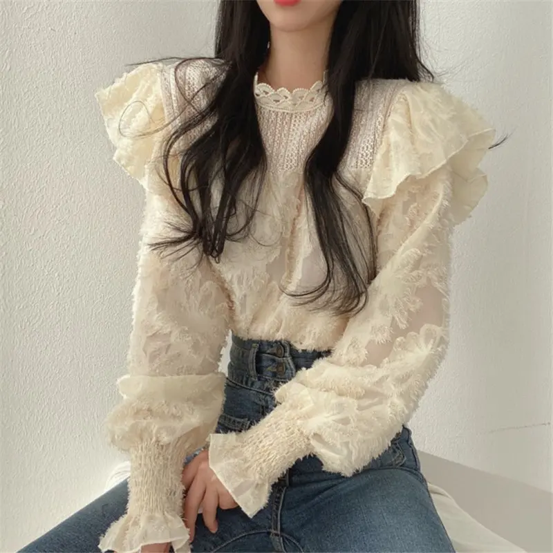 

Harajuku Sweet Girls Streetwear Patchwork New Tops All Match Slim Women Stylish Gentle Ruffles Loose Office Lady Hot Shirts