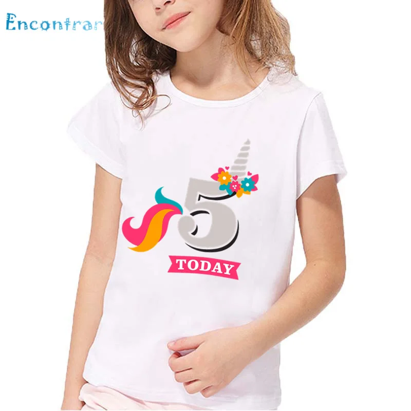 Футболка с рисунком единорога для девочек 1 9 Детские забавные летние белые топы