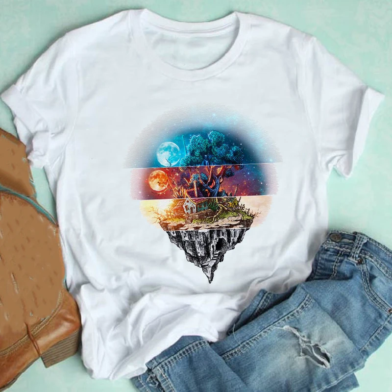 

Women Short Sleeve Printing Watercolor Moon River Ladies Trend Spring Summer Clothes Print Tshirt Female Tee Top Graphic T-shirt