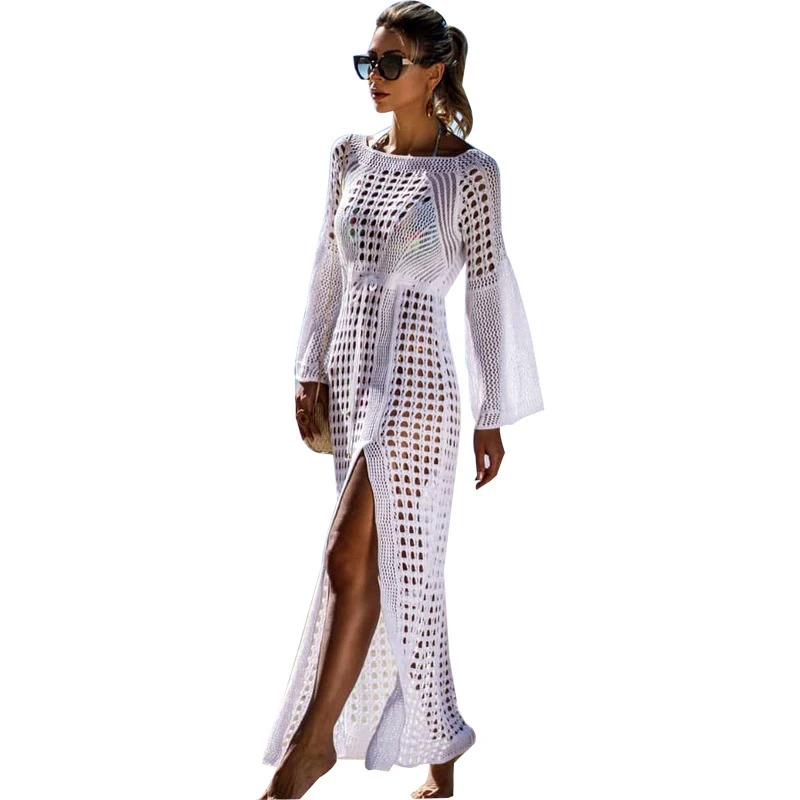 

Women Dress Solid Color Hollow Design Knitted Long Dress for Beach Bathing XR-Hot
