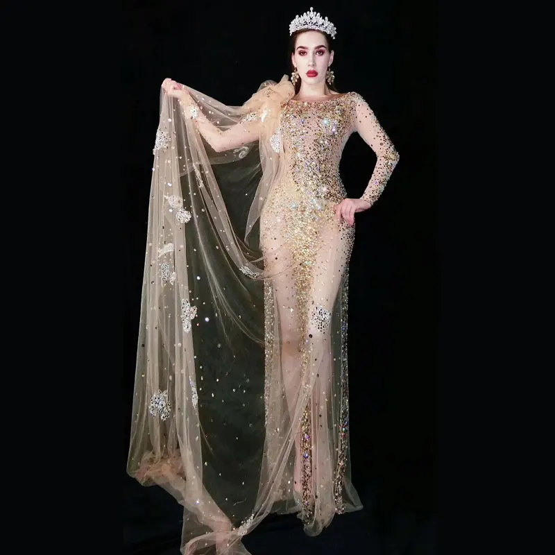 

see through Mesh long dress Multi-color Rhinestones Women's Wedding Birthday Celebrate Outfit Singer stage Dance Bar Dresses