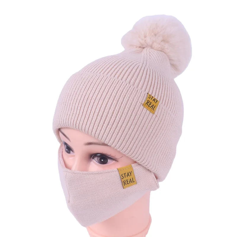 

Winter Knitted Windproof Beanies Hat Women Outdoor Face Mask Warm Mask And Neck Scarf Two-piece Set