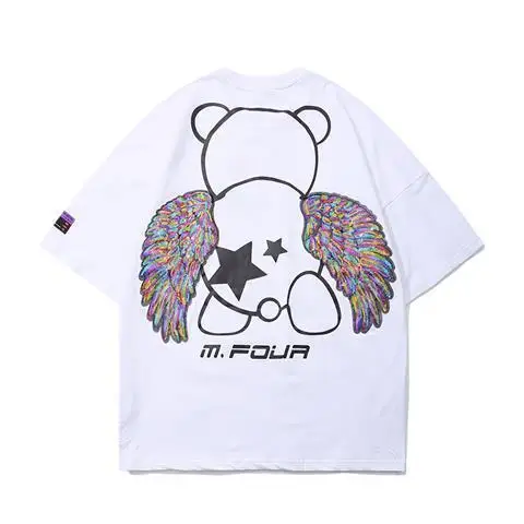 

Cute cartoon bead embroidered wings bear ins lovers men's short sleeve T-shirt trend large size half sleeve