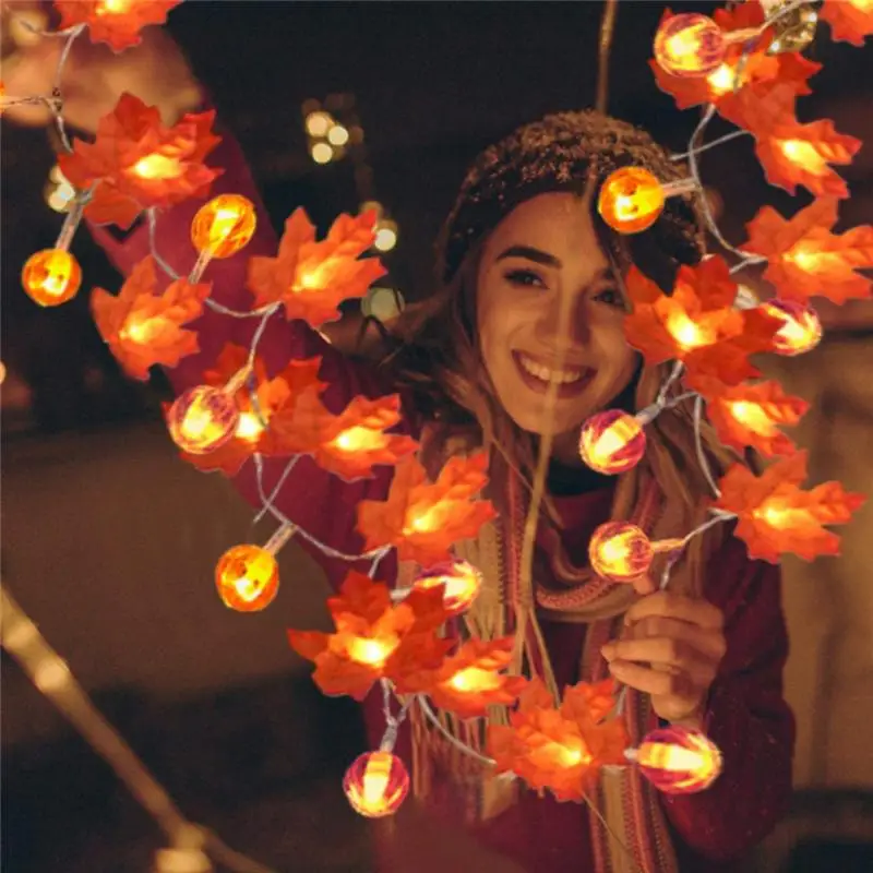 

Светодиодная гирлянда с кленовыми листьями и тыквой, фонарь на батарейках для Хэллоуина, Дня благодарения вечерние НКИ, комнатное и уличное...