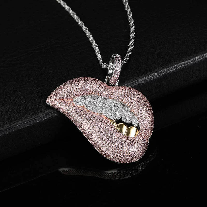 

Iced Out Bling Clear Pink 5A Cubic Zirconia Big Drip Lip Pendant necklace for hiphop women Unique Gift