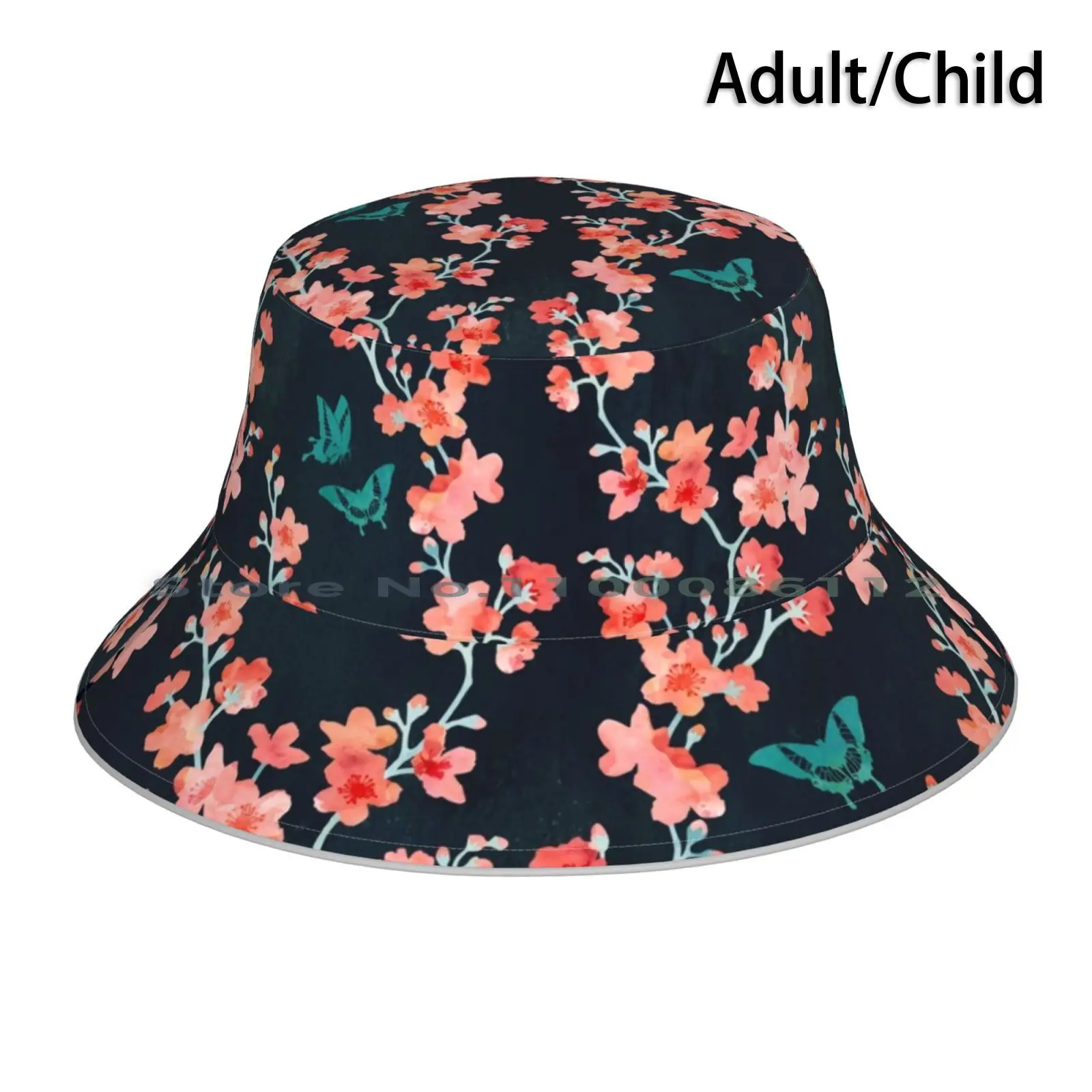 

Sakura Butterflies Bold Bucket Hat Sun Cap Sakura Cherry Blossom Flowers Floral Repeat Pattern Watercolor Peach Pink