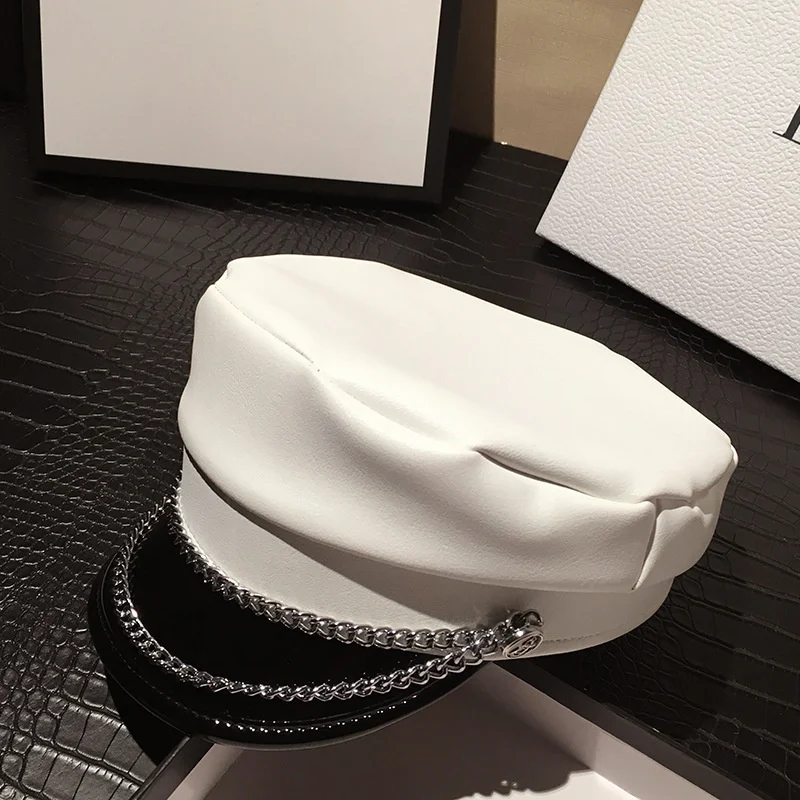 

Fashion Black Hat Cap Women Casual PU Cap Elegant Solid Autumn Winter Warm Beret Hat Female For Women England Style Flat Cap