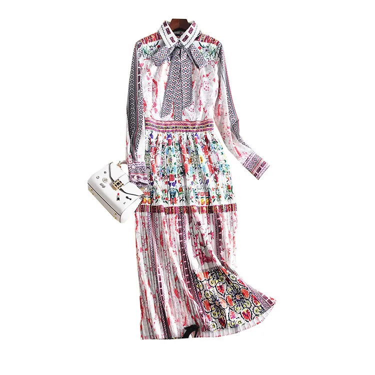 

JCHB 2021 Autumn show new Lapel long sleeve slim print pleated holiday dress fashion dress