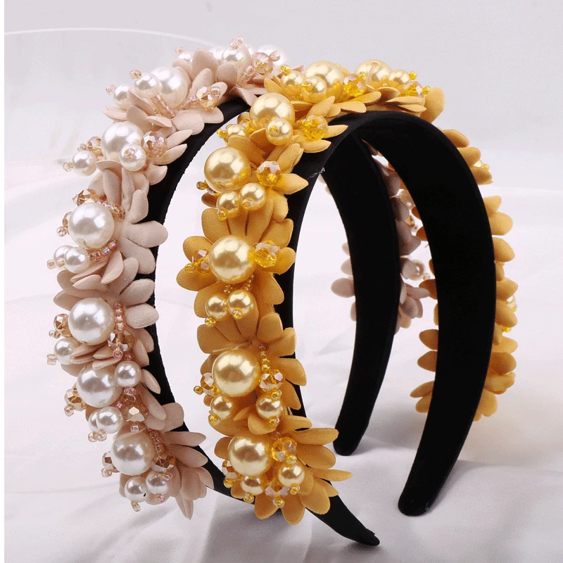 

Baroque Style Flower Pearl Headbands Crystal Beads Embellishment Wide Hairbands Women Wedding Party Crown Tiara Hair Accessories