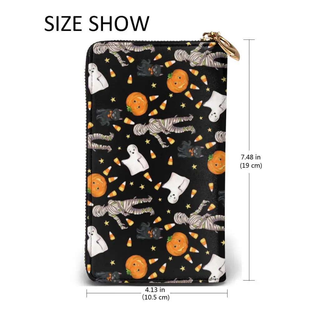 

2021 Fashion Long Leather Wallets Halloween Ghost Candy And Pumkin Unisex Classic Purse Zipper Wallet with Card Holder