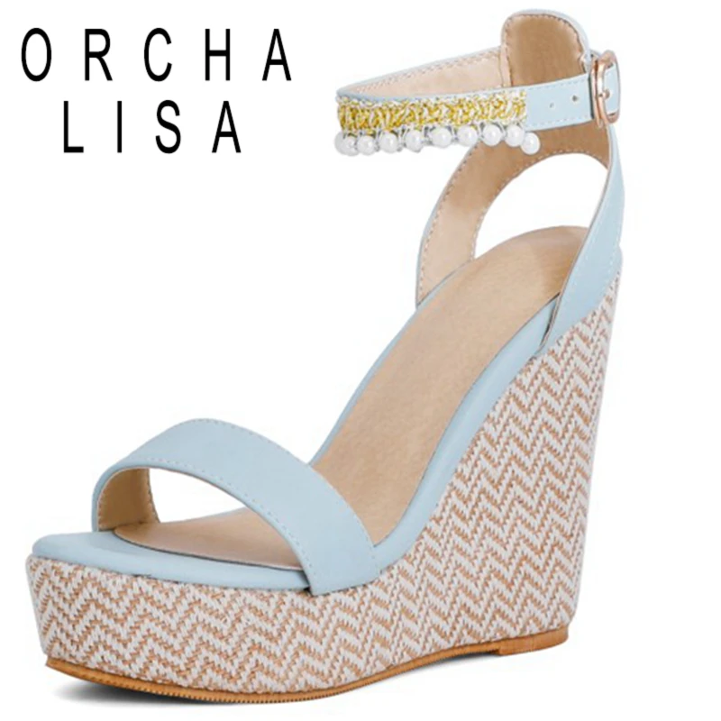 

ORCHA LISA 2021 Slingbacks Sweet Beading Mixed Color Open Toe Ankle Buckle Strap 12.5cm Wedge Sandal With Platform Size 30-48