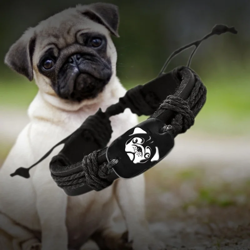 

PUG Animal Backer Braided Woven Rope Leather Unisex Bracelet Bangle PUG Logo Fashion Jewelry for Women Men