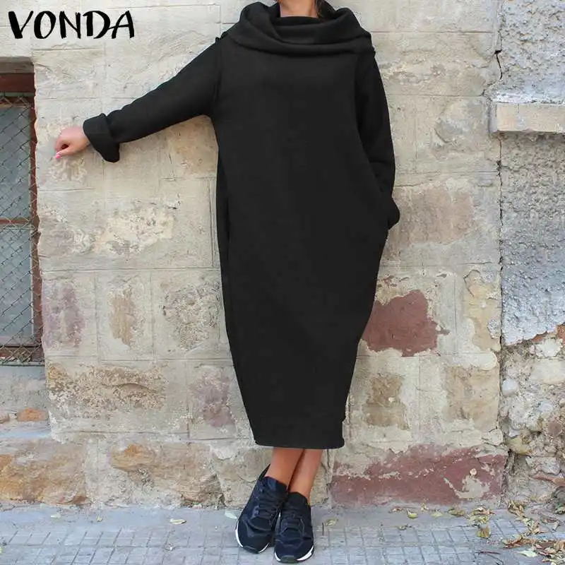 Осеннее платье с капюшоном и длинным рукавом VONDA, Женское зимнее однотонное повседневное Свободное длинное платье Vestidos, женское платье размера плюс 5XL