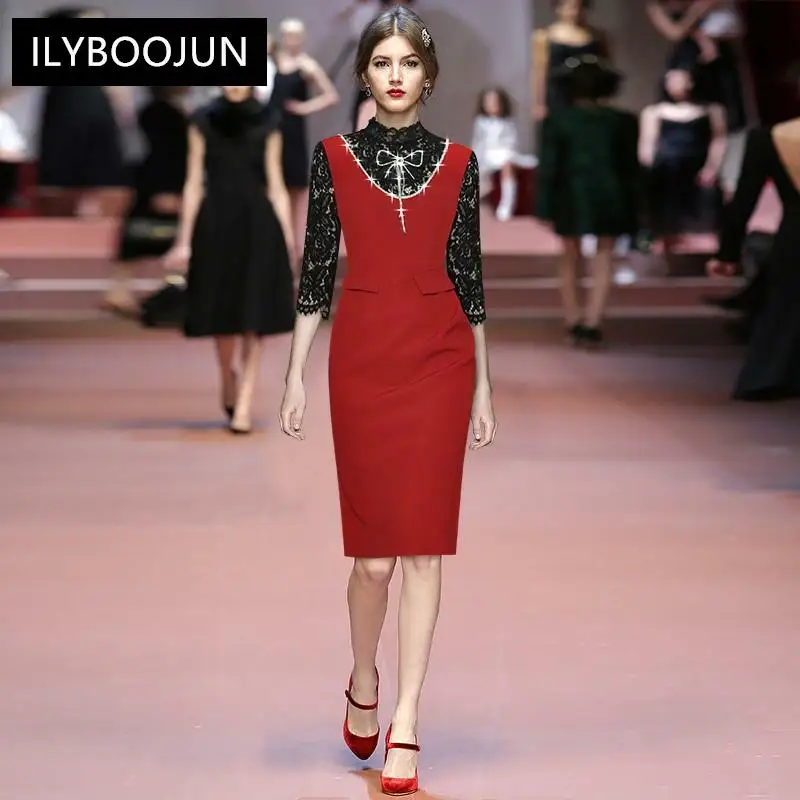 

Fashion Designer Summer Midi Dress Women's Stand-up collar Beading Lace 3/4 sleeve Lady Slim Pencil Dress