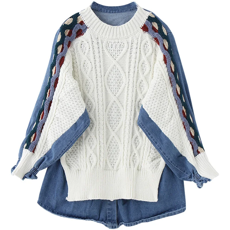 

2020new autumn patchwork Sweater Split Joint denim Split Joint Knitting Pullover batwing sleeves