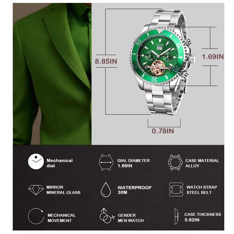 Men Top Brand Explorer Clock Automatic Watch Vintage Tourbillion Mechanical Watch Stainles Steel Waterproof Green Fashion Watch enlarge