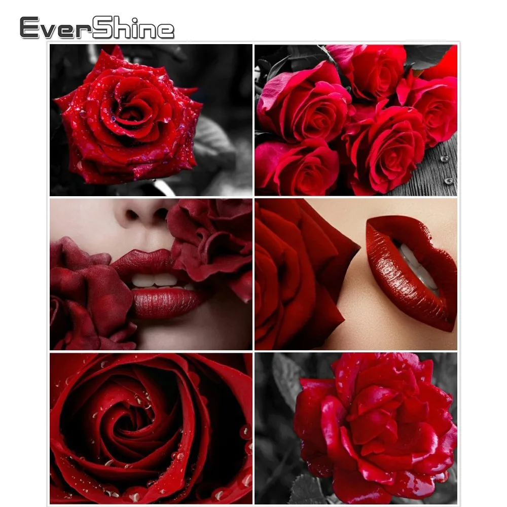 EverShine Diamond Painting Red Rose And Lip Embroidery Flowers Picture Of Rhinestones Handmade Art Mosaic Wall Decor|Алмазная мозаика