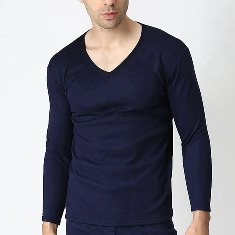 

Winter Fleece Thicken Men Thermal Underwear Tops V-Neck Long Sleeve tees warm fleece tshirt Large Size 7XL 8XL 9XL Cotton Tops