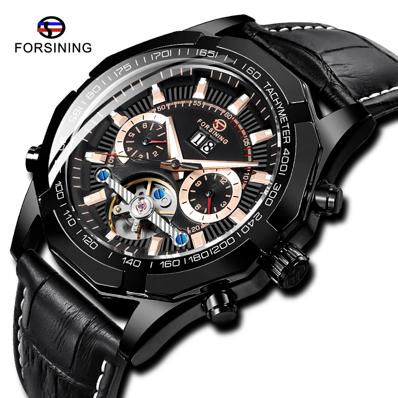 Модные мужские часы FORSINING Tourbillion с черным золотым волнистым циферблатом в