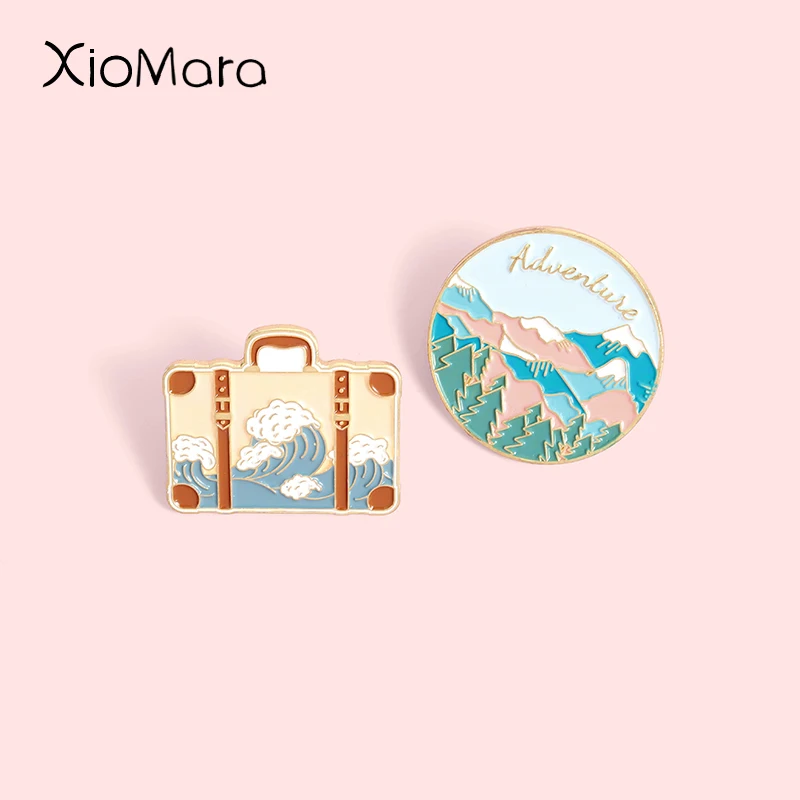 

Cartoon Paint Ocean Wave Suitcase Soft Enamel Pins Fashion Lapel Badges Wholesale Pins Brooches Jewelry Gifts for friends