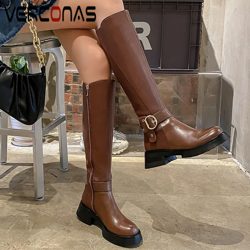 

VERCONAS Retro Brand Design Woman Knee High Boots Autumn Winter Warm Cow Leather Basic Party Office Prom Belt Buckle Shoes Woman