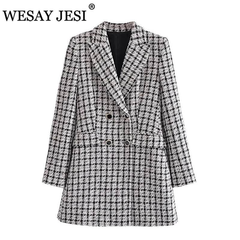 

WESAY JESI Blazer Za Women 2021 Fashion Female Blazer Woolen Plaid Jacket Coat Elegant Double Breasted Pocketed Cropped Blazer