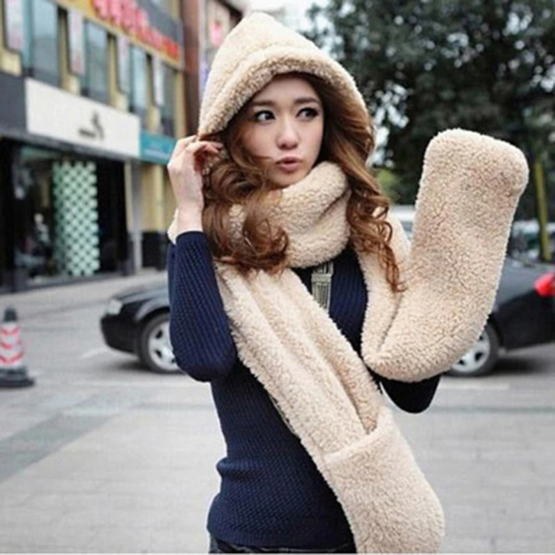 

New Fashion Hooded Scarf Hat Glove Hot Sale 3 Piece Sets Women Winter Warm Soft Scarf Snood Pocket Hats Gloves