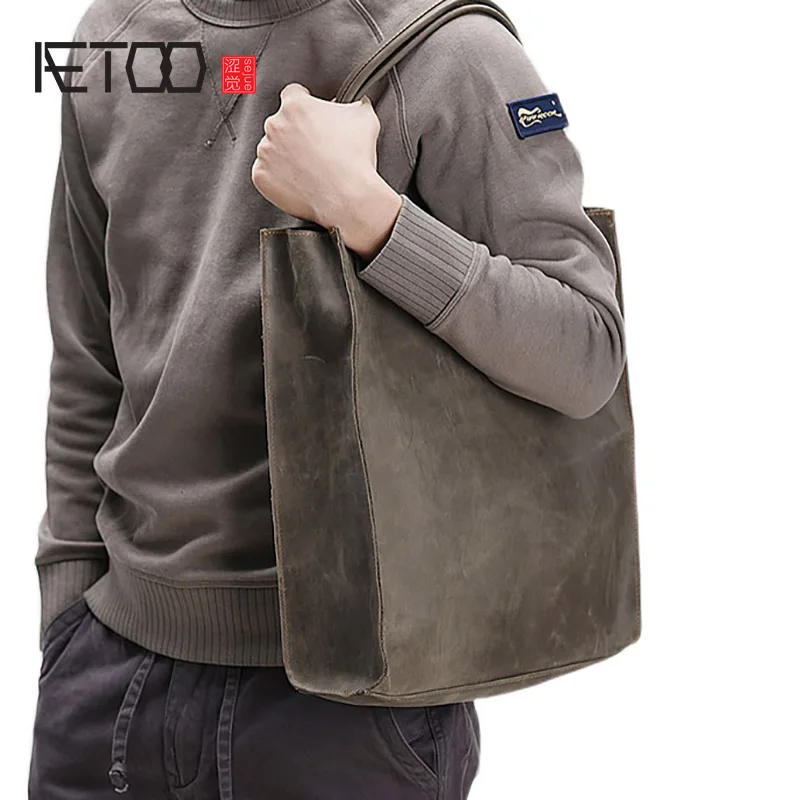 

AETOO Cowhide men's handbags, simple leather shoulder bags, leather shopping bags