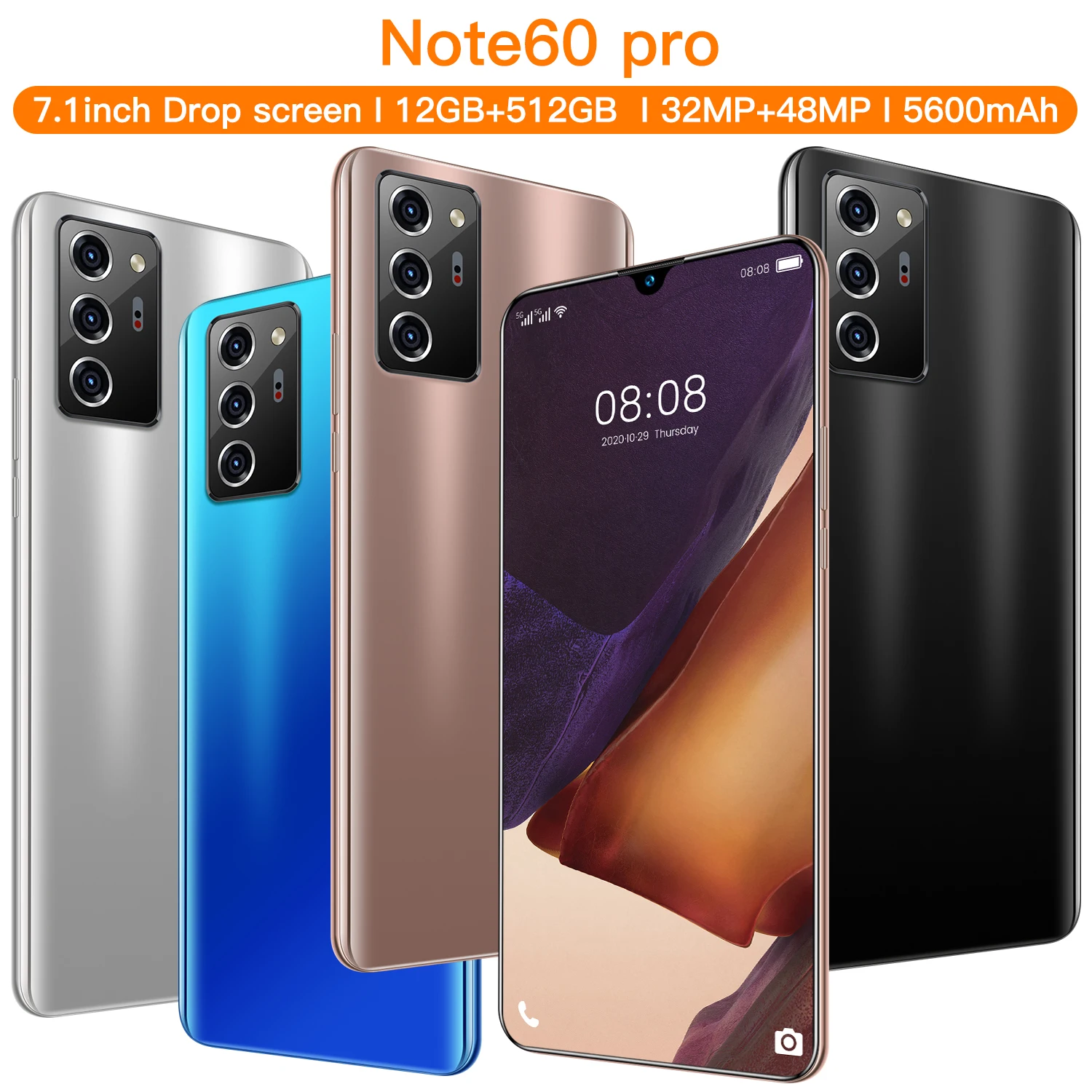 

Newest Note 60 Pro Smartphone 7.1Inch Full Screen 8 Core CPU 5600mAh 1ocore 512GB 5G Intelligent wake-up, face recognition, fing