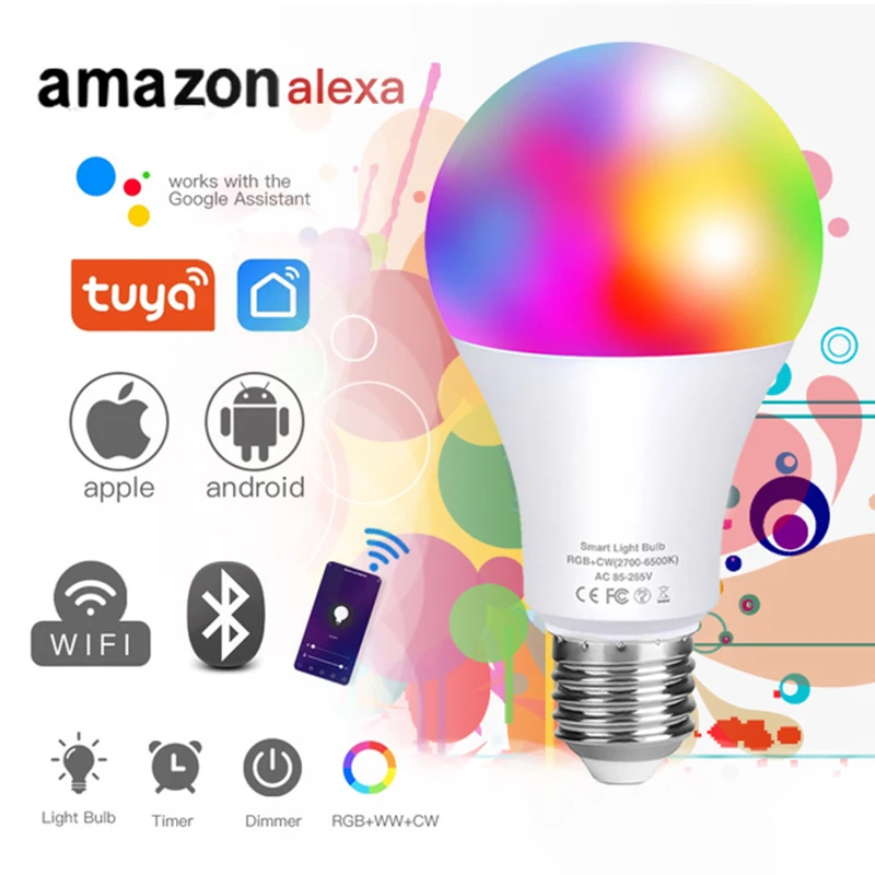 

Decorative led lights Bulb Smart or 24key IR Remote Control B22 E27 16 Color Magic Ac85v-265v Alexa Google Assistant Table lamp