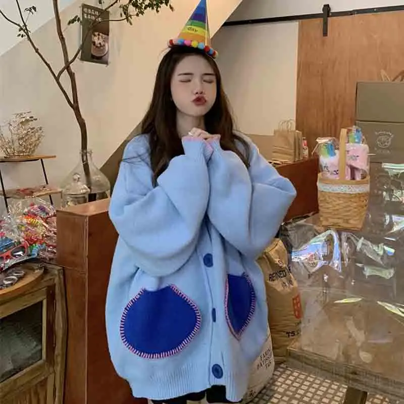 

Japanese Kawaii Girl Oversize Cardigan Women Sweater Autumn Winter Loose Cardigan V-Neck Bat Sleeve Knitting Women Sweater Tops