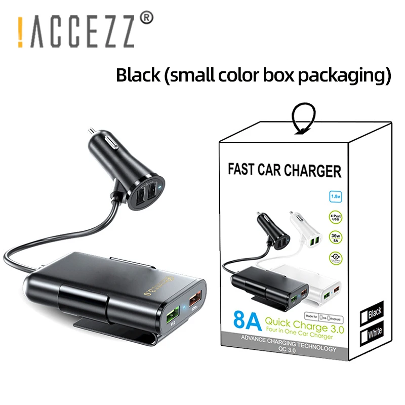 

!ACCEZZ 4-port USB Car Charger Quick Charge 3.0 Universal USB Fast Charging Adapter with 6ft Extension Cord Cable For iPhone 12