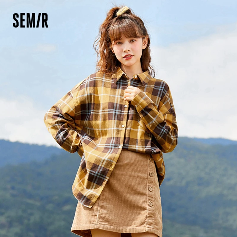 

SEMIR Women Long Sleeve Blouse Mid-Length Outside And Inside 2021 Winter New Oversize Cotton Plaid Shirt